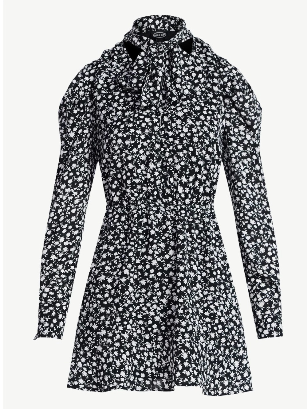Tie-Neck Black & White Floral Mini Dress